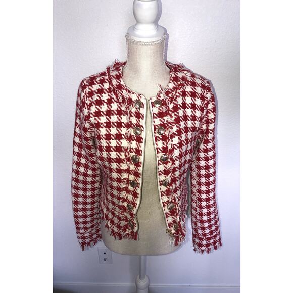 Walter Baker Red and White Picnic Tweed Houndstooth Fringe Jacket -S - Picture 2 of 6